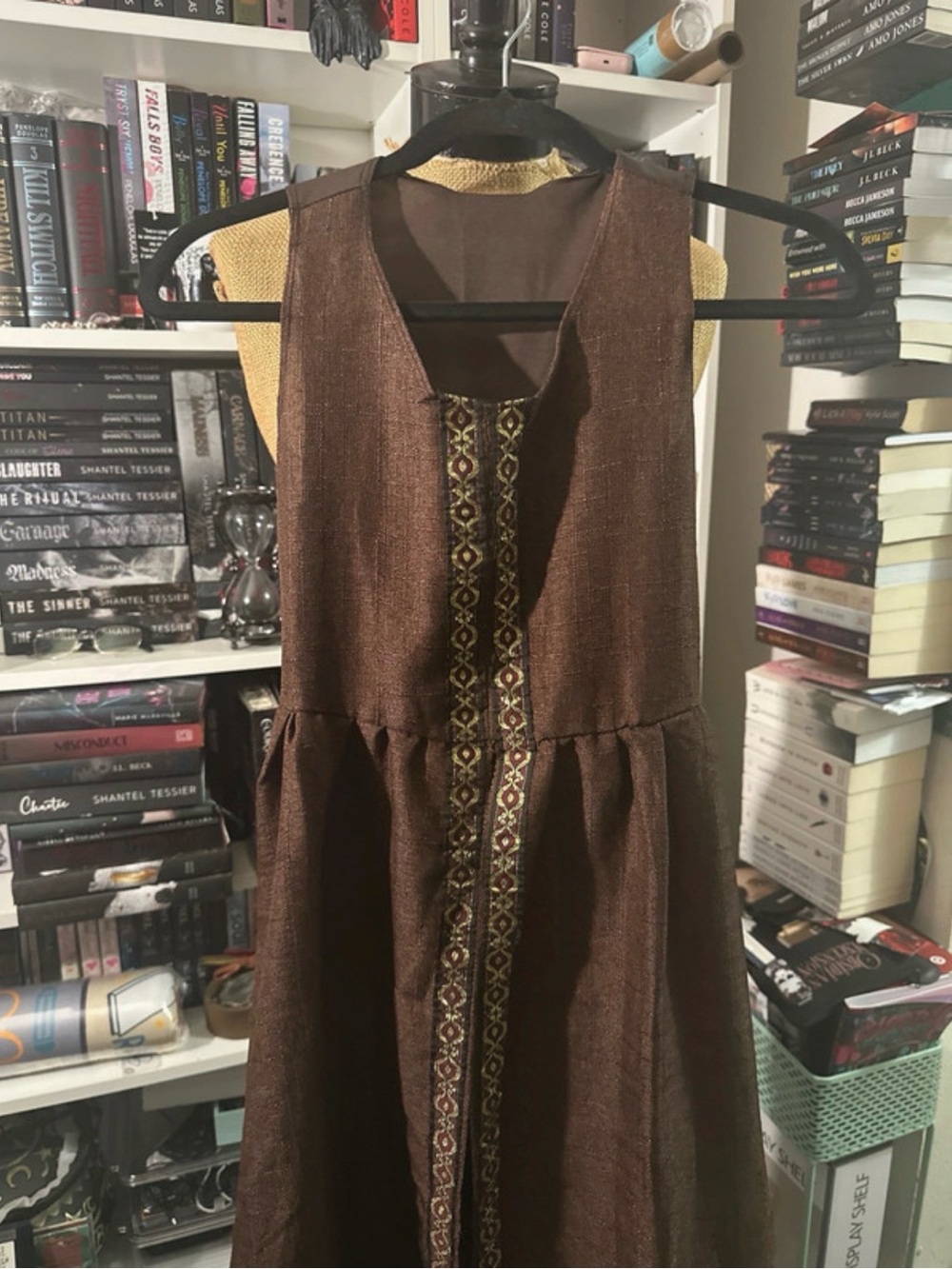 Sleeveless Brown Renaissance OverDress with Embroidered Front Trim